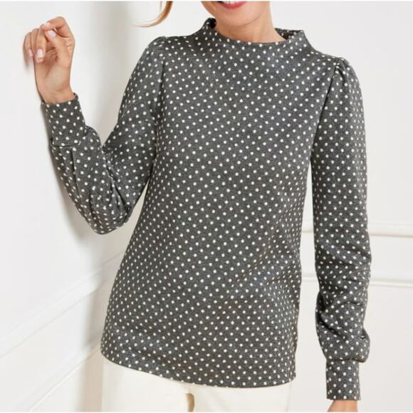 NWT Talbots Metallic Gray & White Polka Dot Puff Sleeve Top Womens Small - Picture 1 of 6
